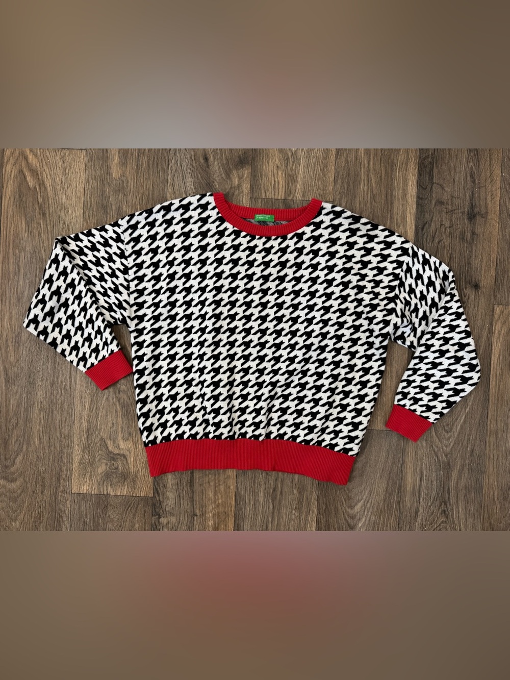 United Colors Of Benetton Houndstooth Cotton Crewneck Sweater Black White & Red